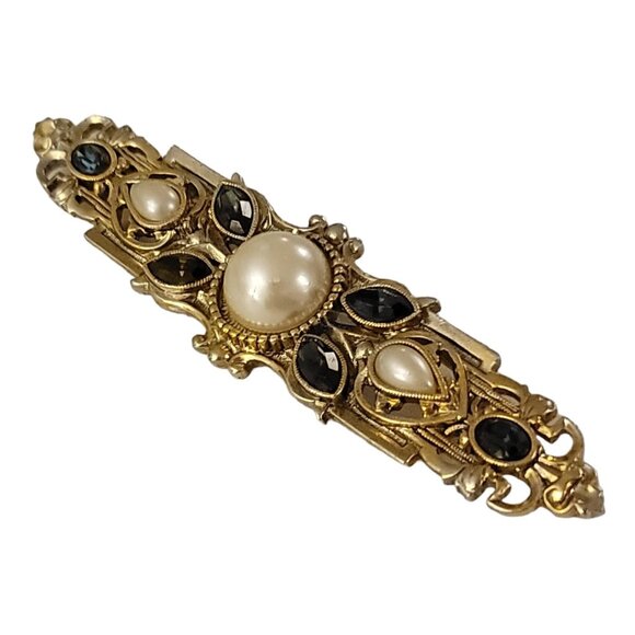 1928 Brand Gold Tone Blue Rhinestone Faux Pearl Long Bar Brooch K541 - Picture 3 of 8